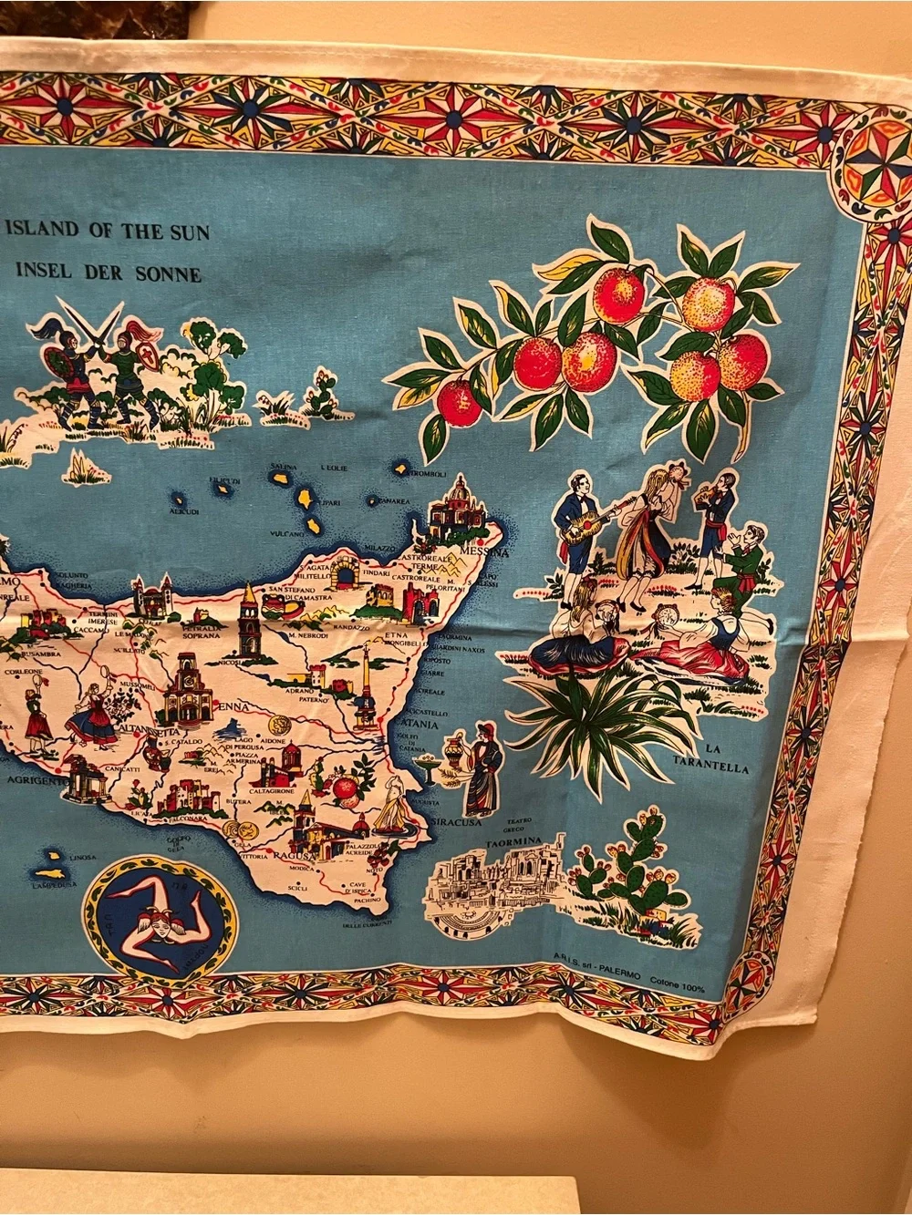 vintage souvenir tea towel or wall hanging featuring a map of Sicily